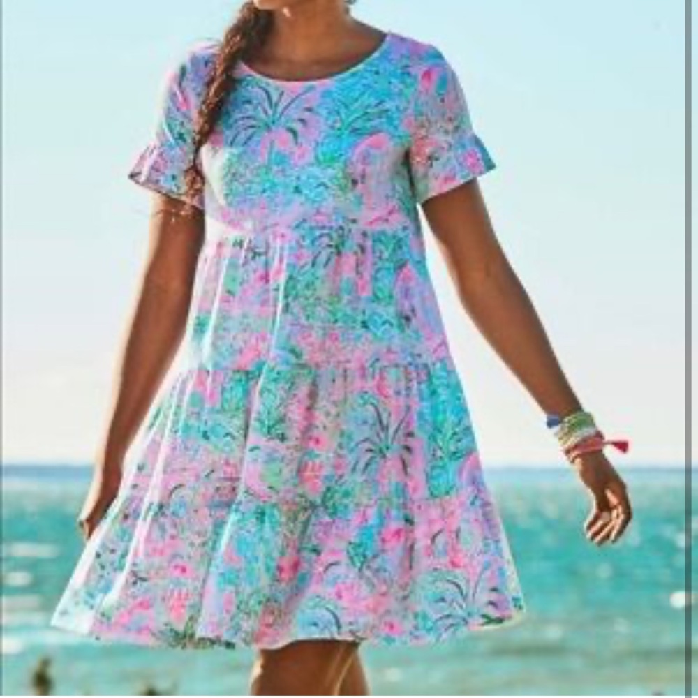 New Lilly Pulitzer Geanna Flutter Sleeve Green Ruffled Smocked Dress - Picture 5 of 14